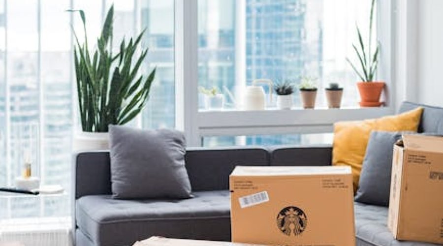 Bright city apartment interior with boxes shows moving day setup.